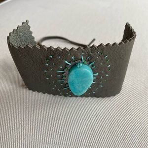 Gray Leather and Blue stone Cuff Bracelet. NWOT